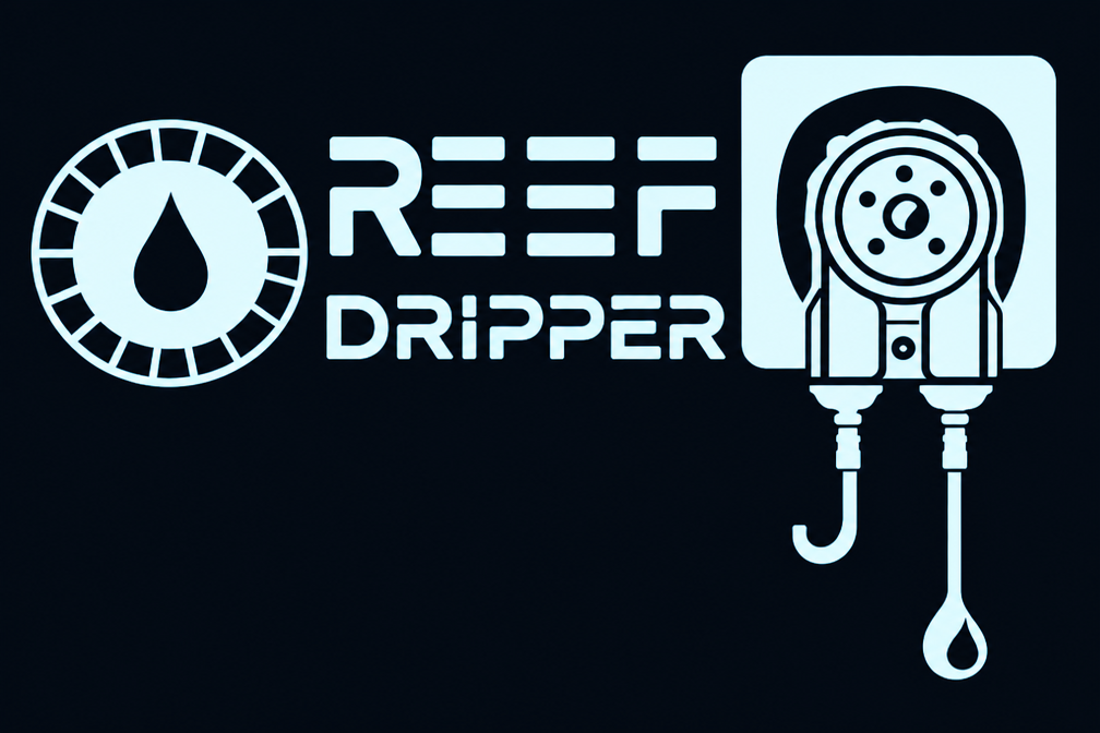 Reef Dripper wordmark with droplet emblem and peristaltic dosing pump illustration
