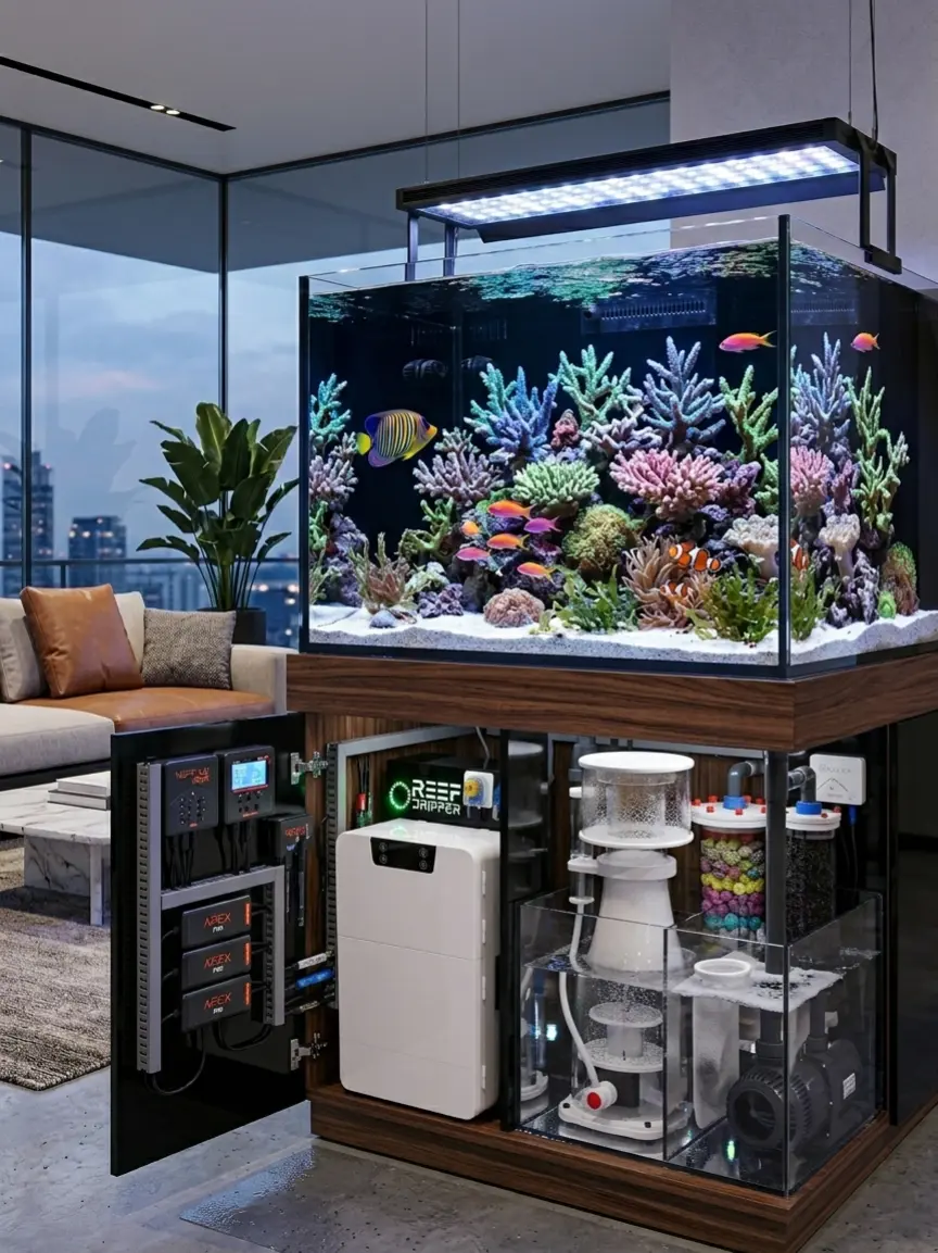 Reef Dripper installed in an aquarium cabinet