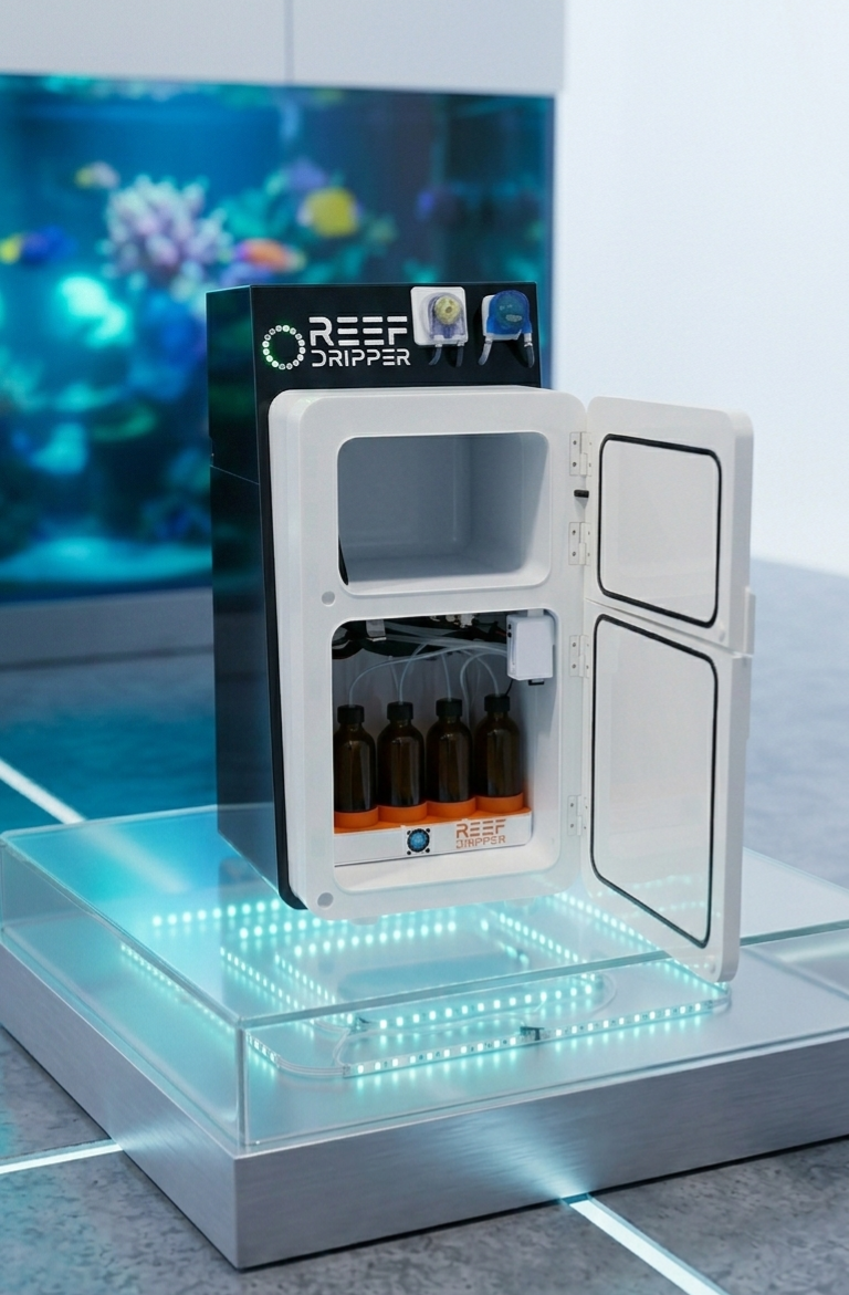 Reef Dripper open showing bottles and dosing tubes