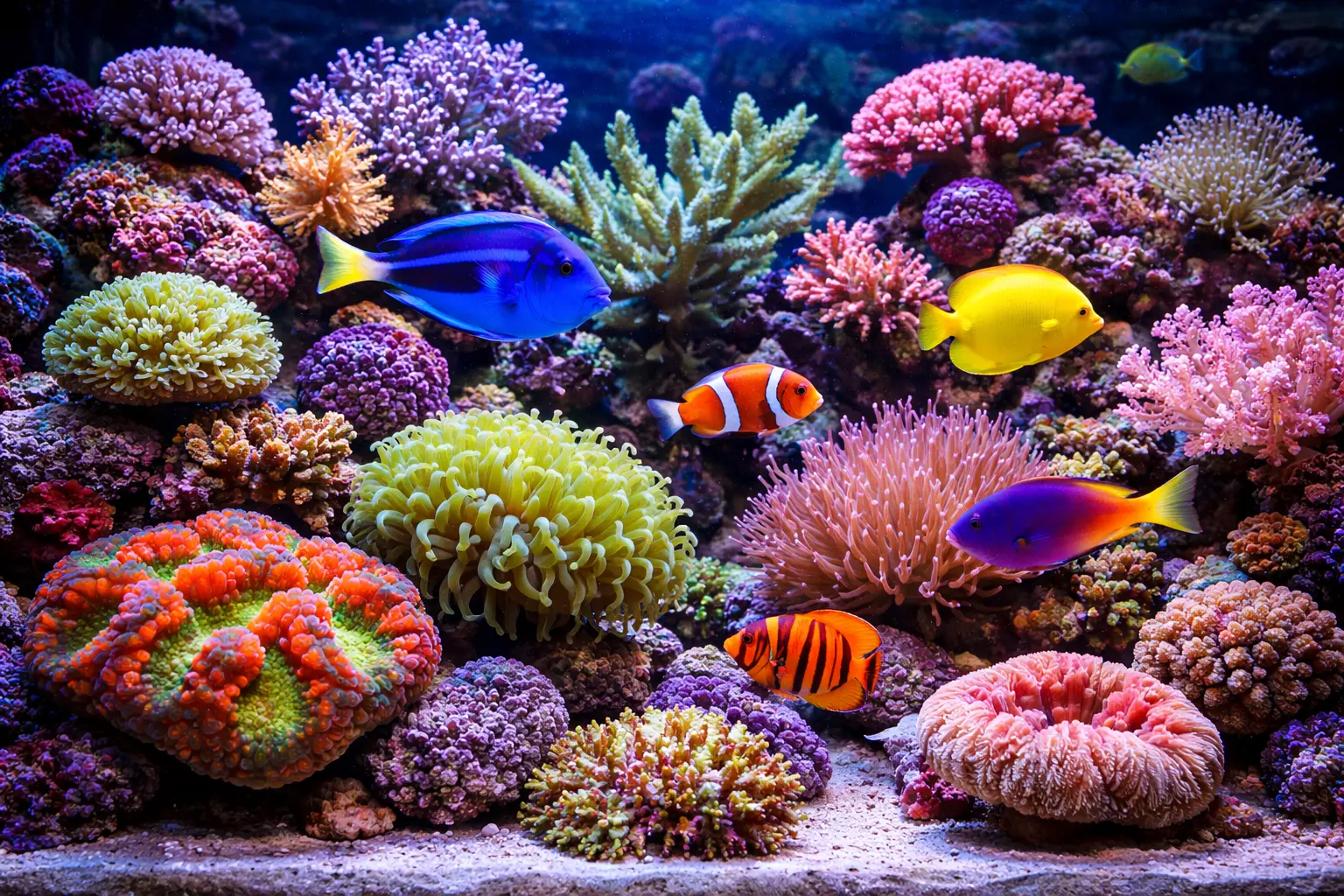 Thriving reef aquarium with colorful corals and fish